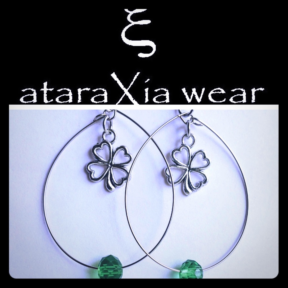 Four Leaf Clover Tear Drop w/Green Bead Earrings